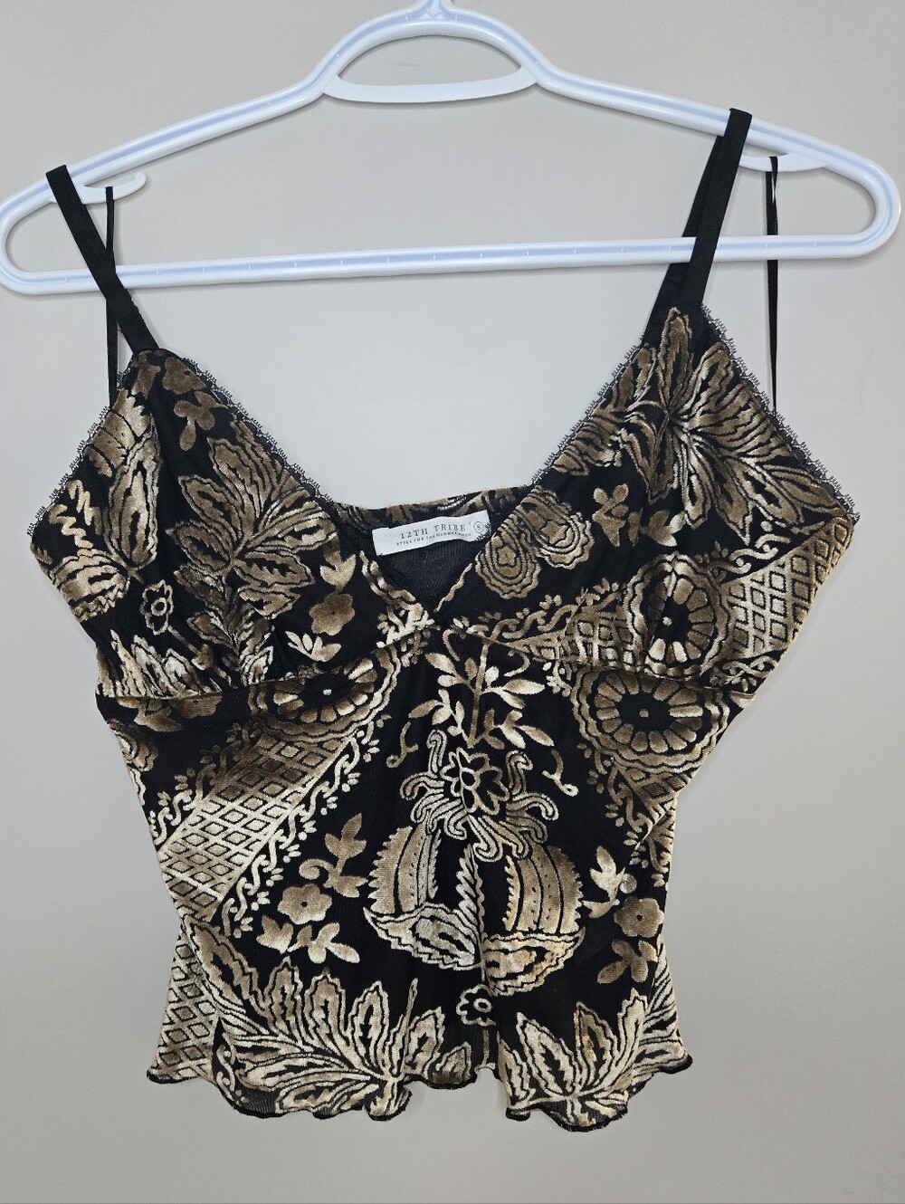 12th Tribe Black and Gold Velvet Burnout Lace Trim Camisole (New)